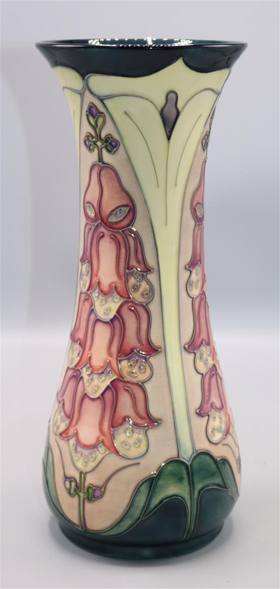 Moorcroft Foxgloves pattern tall waisted vase by Rachel Bishop and a limited edition print of the design